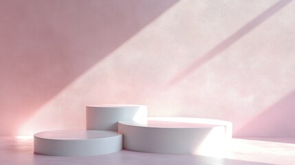 Poster - 3D rendered geometric shapes with a white podium on the floor featuring abstract platforms for product presentation against a soft pink pastel background