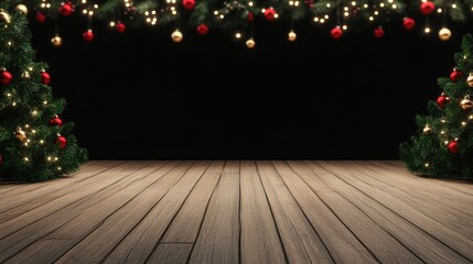 Aufkleber - Cream wooden floor with a black background 3D rendering for a Christmas theme
