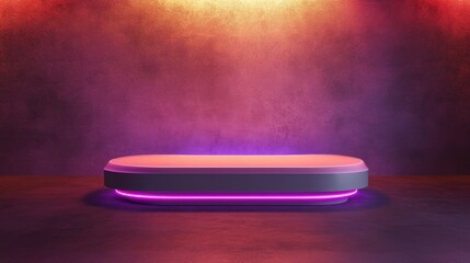 Poster - 3D rendering of a contemporary mockup podium featuring neon lighting a futuristic pedestal and a blank platform designed for product display and advertising purposes