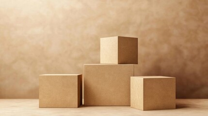 Aufkleber - 3D brown creamy cube and box podium in a minimal studio background Abstract geometric shape illustration rendered in natural color tones