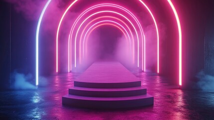 Aufkleber - Neon colored podium 3D visualization a futuristic glowing show stage scene modern empty pedestal for product display and studio presentation platform