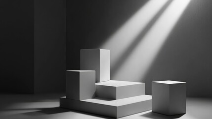 Aufkleber - Minimalist studio background featuring 3D gray and white cubes on a square podium Abstract geometric shape illustration rendering designed for showcasing cosmetic perfume or fashion products