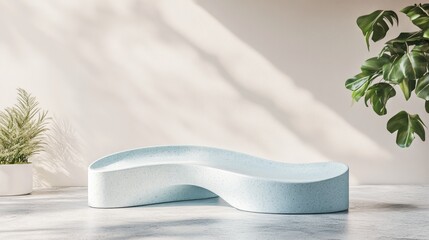 Poster - Minimalist product display stand Mockup podium featuring an abstract design in white and soft pastel blue 3D rendering