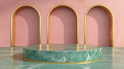 Poster - Round marble pedestal with a golden border set against a green floor and pink walls featuring circular arches The gold frame is suitable for commercial advertising Isolated on a pink background 3D