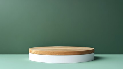 Poster - 3D rendered image of a white and wooden podium set against a green backdrop for product display advertisement