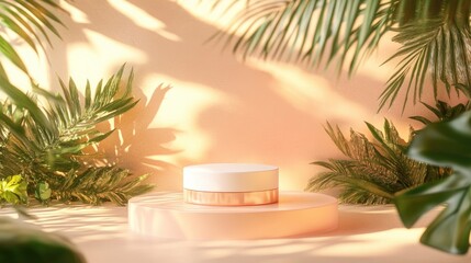 Fototapete - 3D podium mockup featuring a cosmetic concept with a summer theme Geometric shapes and an abstract background 3D rendered illustration