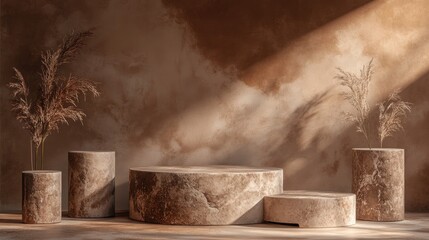 Poster - Brown stone podium cosmetic display stand against a brown backdrop 3D rendering