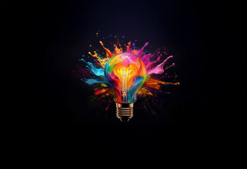 Wall Mural - a lightbulb with a bright yellow glow inside, is surrounded by an explosion of rainbow colored paint