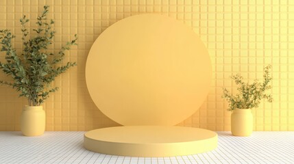 Poster - Yellow circular podium with a circular base set against a backdrop Ideal for product showcasing or presentation 3D rendering