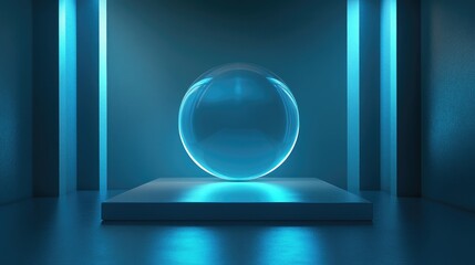 Aufkleber - Blue light sphere podium for visual product presentation in a stylish space realistic 3D rendering