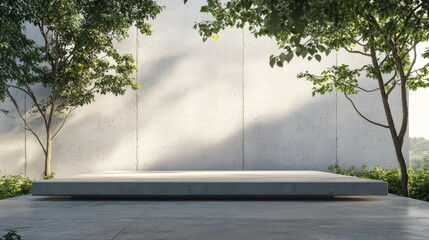 Fototapete - 3D rendering of a landscape layout featuring an empty concrete texture podium for product presentation template