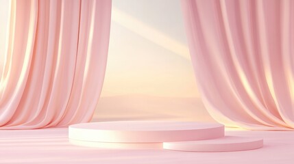 Fototapete - Premium podium on a soft pastel background Minimalistic backdrop for advertising branding and product showcasing Illustration for wellness relaxation therapy and health 3D render
