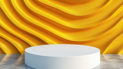 Poster - Blank mockup white textured podium against a portrait oriented yellow wave pattern background 3D rendering
