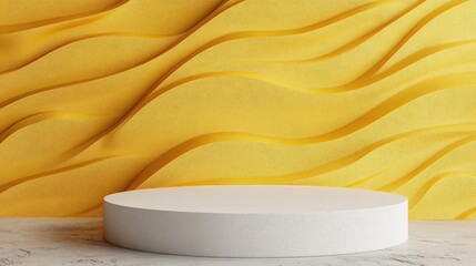 Poster - Blank mockup white textured podium against a portrait oriented yellow wave pattern background 3D rendering