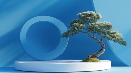 Aufkleber - Minimalist abstract background featuring a podium and a bonsai tree against a blue backdrop designed for product presentation 3D rendered illustration