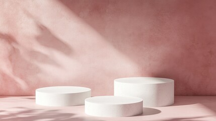 Fototapete - Three white platforms on an abstract mock up scene creating a backdrop for product display 3D rendering