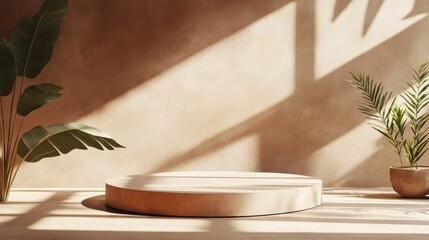 Fototapete - Minimalist podium mock up for product display in an abstract light brown composition featuring 3D render and illustration with modern colors
