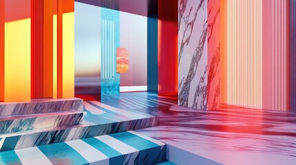 Poster - Abstract design studio for showcasing products featuring patterns Rendered space with vibrant lines and colors integrating plastic metal wood and marble with reflective lighting