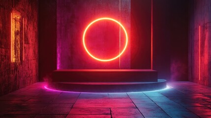 Fototapete - Neon light product display on a textured street floor featuring a glowing spotlight and an empty podium for showcasing items 3D rendering