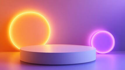 Fototapete - 3D geometric podium with yellow orange and purple neon lights against a gradient background Abstract illustration for showcasing summer products