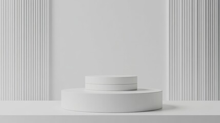 Wall Mural - 3D rendering of a white cylinder podium designed for product branding and packaging display Featuring minimal geometric shapes this stage is showcased on a white pedestal against a premium studio 