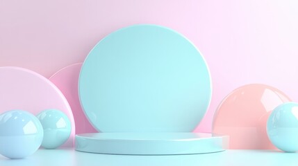 Fototapete - 3D rendered image of an abstract mock up podium with a pastel background