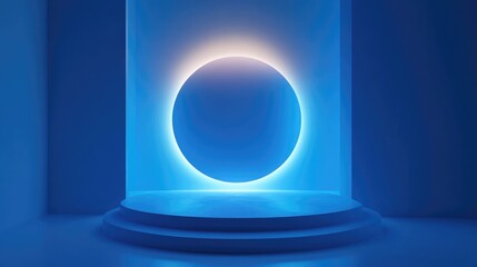 Fototapete - Minimalist studio backdrop featuring a 3D blue illuminated podium Abstract geometric shape illustration render Suitable for showcasing technology and medical products as well as summer themed item