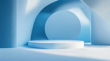 Aufkleber - Minimalist composition featuring a podium against an abstract backdrop Geometric shapes in classic blue hues 3D rendering of the scene with geometric forms and a blue background