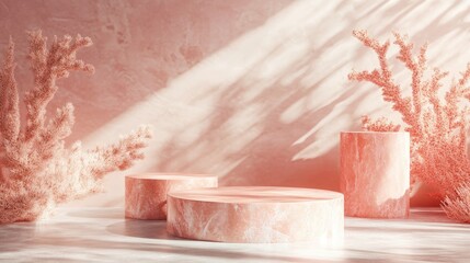 Poster - 3D rendering of a pink coral minimal display podium or pedestal for product mockups featuring an abstract background with simple geometric shapes