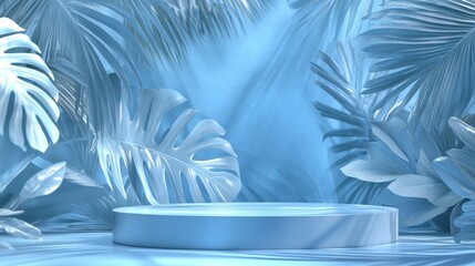 Fototapete - 3D rendering of an abstract podium display featuring tropical leaves and a blue pastel plant scene Concept for product promotion and advertising with a natural background in blue pastel tones