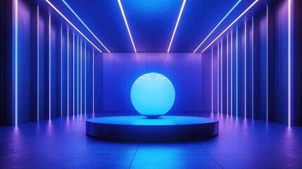 Aufkleber - Blue light sphere podium for visual product presentation in a stylish space realistic 3D rendering