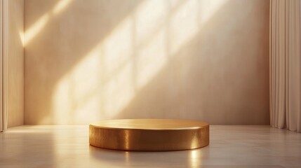 Fototapete - Elegant golden pedestal in an empty room bathed in a warm spotlight creating a soft atmosphere Background graphic element luxury concept 3D render