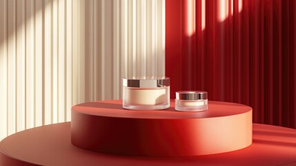 Poster - 3D rendering of a minimalist product display for cream cosmetics featuring a contemporary red podium backdrop