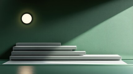 Fototapete - Abstract minimal exhibition backdrop featuring geometric shapes and steps Simple background for showcasing product design Podium setup for product display 3D rendering