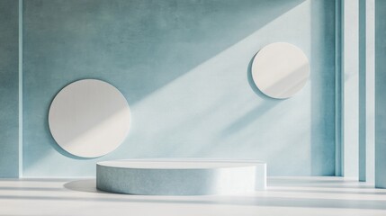 Fototapete - Abstract geometric blue and white pastel color shapes in a minimal modern style featuring a wall background and a mock up composition for a booth podium stage display table in 3D rendering