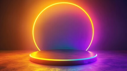Fototapete - 3D geometric podium with yellow orange and purple neon lights against a gradient background Abstract illustration for showcasing summer products