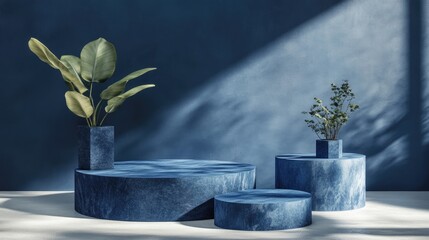 Fototapete - Minimalist Blue Podium for product display against a backdrop featuring 3D rendering of geometric shapes ideal for showcasing awards in a contemporary setting