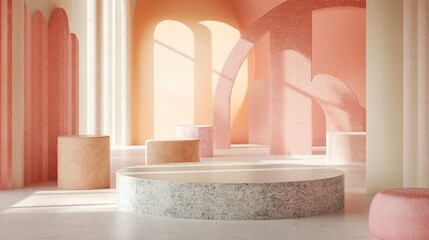 Fototapete - Pastel colored podium setup featuring geometric shapes in the background for product display 3D rendering