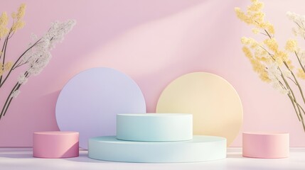 Aufkleber - Minimalist 3D rendering featuring an empty step cube and colorful pastel podium for product display against an abstract background Mockup of geometric shapes in soft hues 3D illustration for cosme