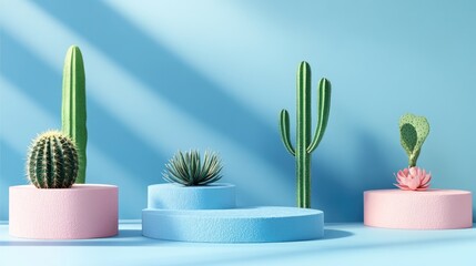 Fototapete - 3D render of a podium or platform designed for product promotion featuring trendy natural elements like cacti alongside geometric shapes Soft pastel illustration showcasing desert cacti against a 