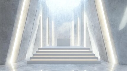 Poster - Contemporary white concrete interior featuring a podium and linear wall lamps 3D Rendering