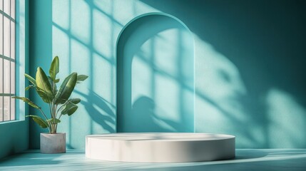 Fototapete - 3D rendering of a podium or presentation dais in a sunlit teal room ideal for display or advertising mockups 3D Illustration