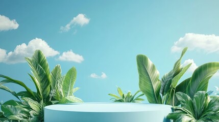 Fototapete - 3D rendering of an abstract podium display featuring tropical leaves and a blue sky with clouds creating a scene for product promotion and advertising against a soft blue background