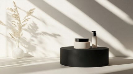 Poster - 3D rendering of a minimalist display for cream cosmetics with a modern black podium backdrop