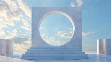 Fototapete - Abstract cylindrical podium for product display featuring columns and a circular opening against a blue sky 3D rendering