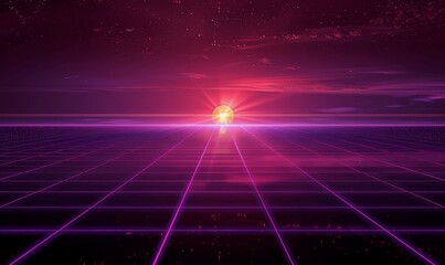 Retro Futuristic Sci-Fi Grid Landscape 80s 90s Neon Purple Glow Digital Cyber Synthwave Background