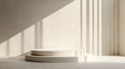 Aufkleber - Step pedestal for showcasing and branding products Exhibition podium with a 3D background display featuring sunlight Abstract geometric composition with shadows on the wall 3D rendering