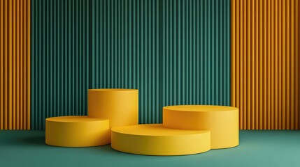 Fototapete - Yellow podiums on a green background with geometric shapes 3D render