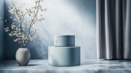 Poster - Minimalist Blue Podium for product display against a backdrop featuring 3D rendering of geometric shapes ideal for showcasing awards in a contemporary setting