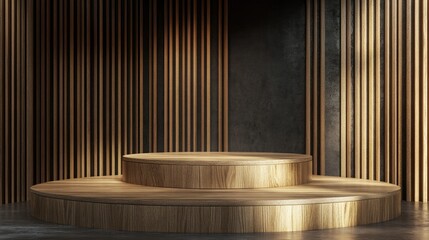 Poster - Wood display pedestal luxury wooden product stand empty wood podium conceptual stage showcase 3D rendering